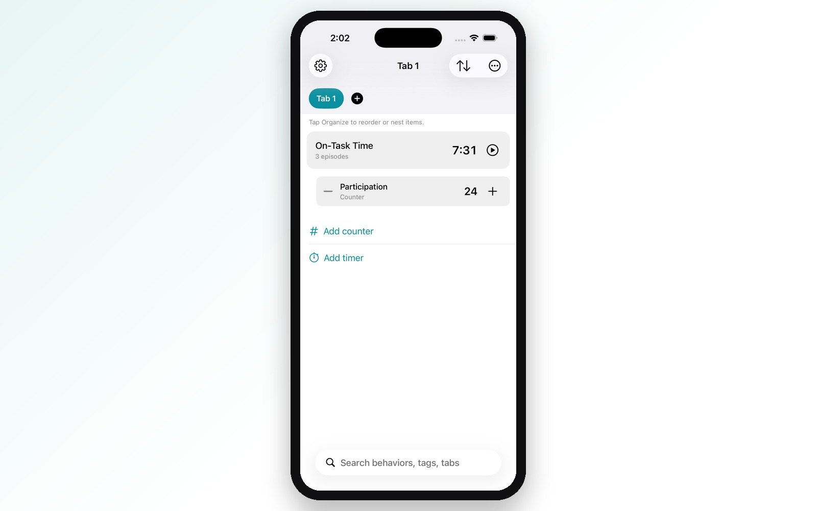 CHA1K screen showing a duration timer and a frequency counter tracked together on one tab