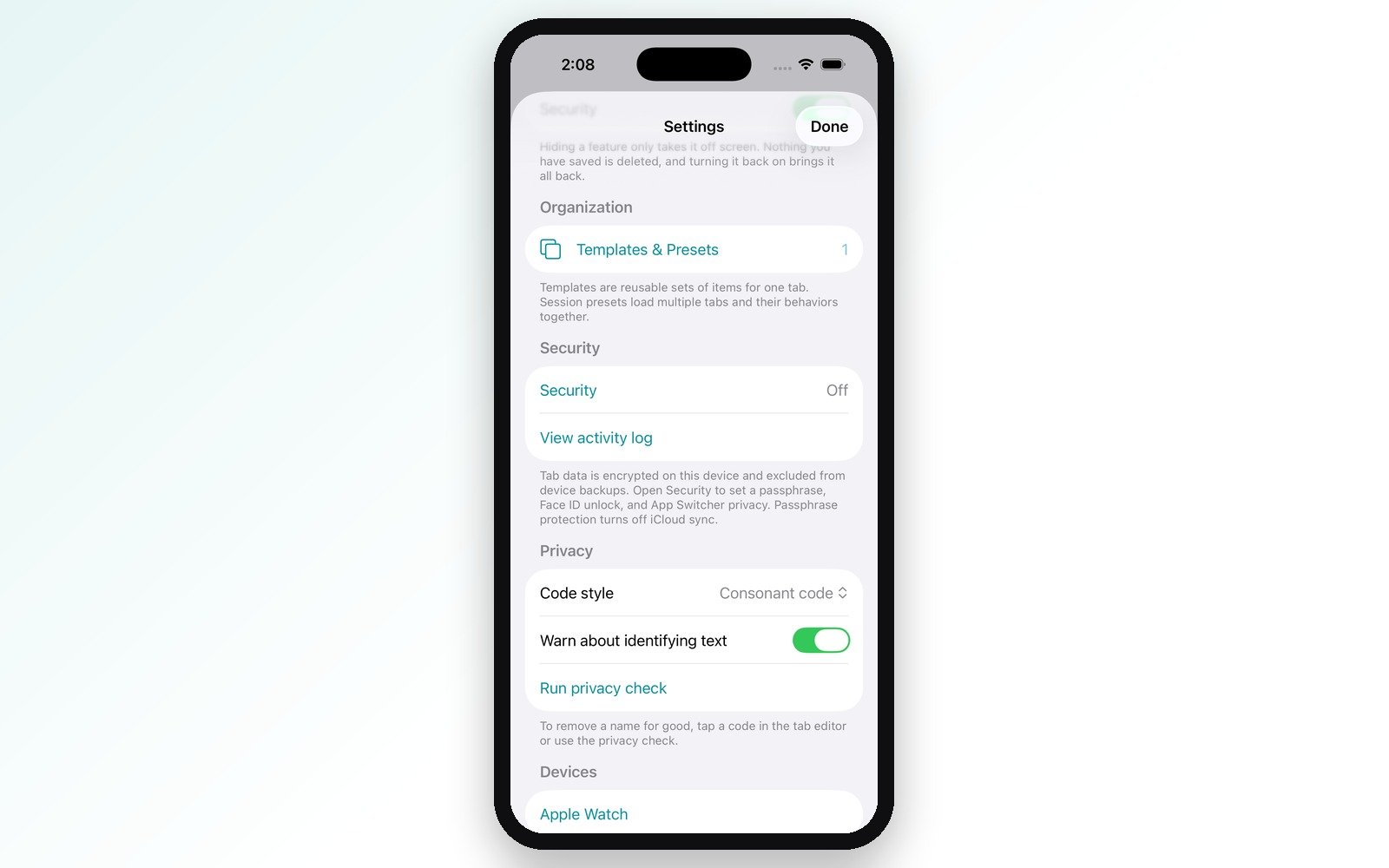 CHA1K privacy settings showing name code style, identifying-text warnings, and the privacy check