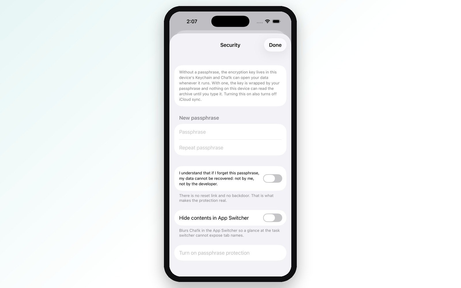 CHA1K Security settings with passphrase protection and App Switcher content hiding