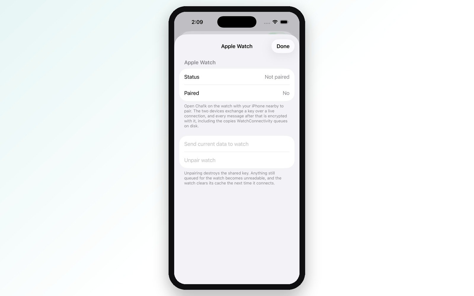 CHA1K Apple Watch pairing screen showing encrypted key exchange between watch and phone